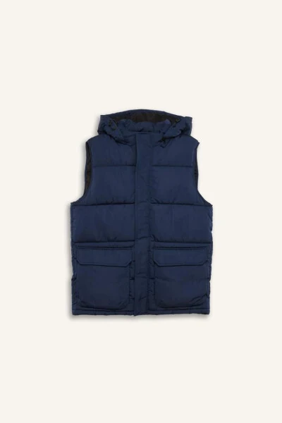 Regular Fit Kapüşonlu Fermuarlı Cepli Şişme Yelek-Lacivert - 9