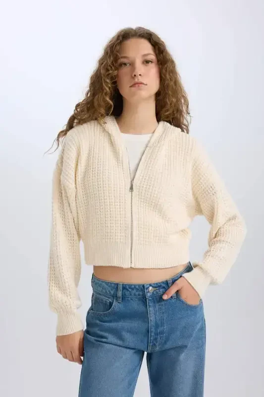 Regular Fit Kapüşonлу Фермуарлы Трикo Хирка-Экрю - 1