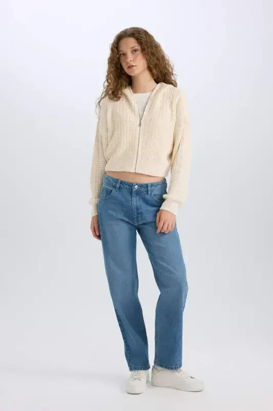 Regular Fit Kapüşonлу Фермуарлы Трикo Хирка-Экрю - 2