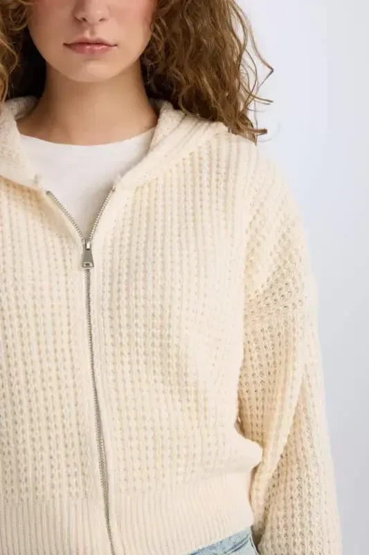 Regular Fit Kapüşonлу Фермуарлы Трикo Хирка-Экрю - 5