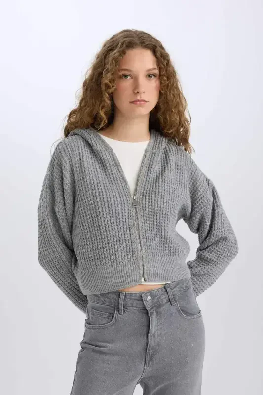 Regular Fit Kapüşonлу Трикотажная Кофта на Молнии с Капюшоном - Серая - 1