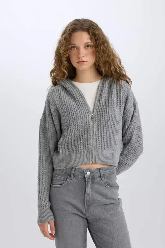 Regular Fit Kapüşonлу Трикотажная Кофта на Молнии с Капюшоном - Серая - 3