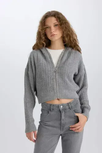 Regular Fit Kapüşonлу Трикотажная Кофта на Молнии с Капюшоном - Серая - 4