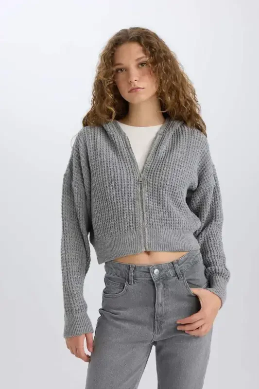 Regular Fit Kapüşonлу Трикотажная Кофта на Молнии с Капюшоном - Серая - 4