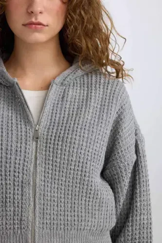 Regular Fit Kapüşonлу Трикотажная Кофта на Молнии с Капюшоном - Серая - 5