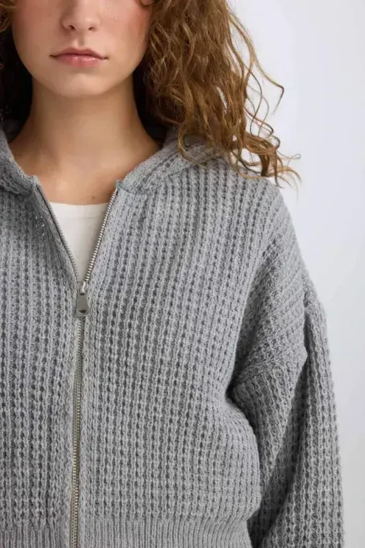 Regular Fit Kapüşonлу Трикотажная Кофта на Молнии с Капюшоном - Серая - 5