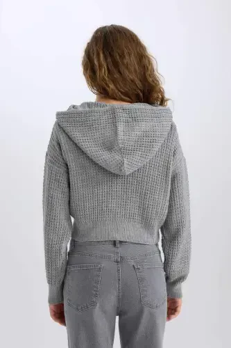 Regular Fit Kapüşonлу Трикотажная Кофта на Молнии с Капюшоном - Серая - 6