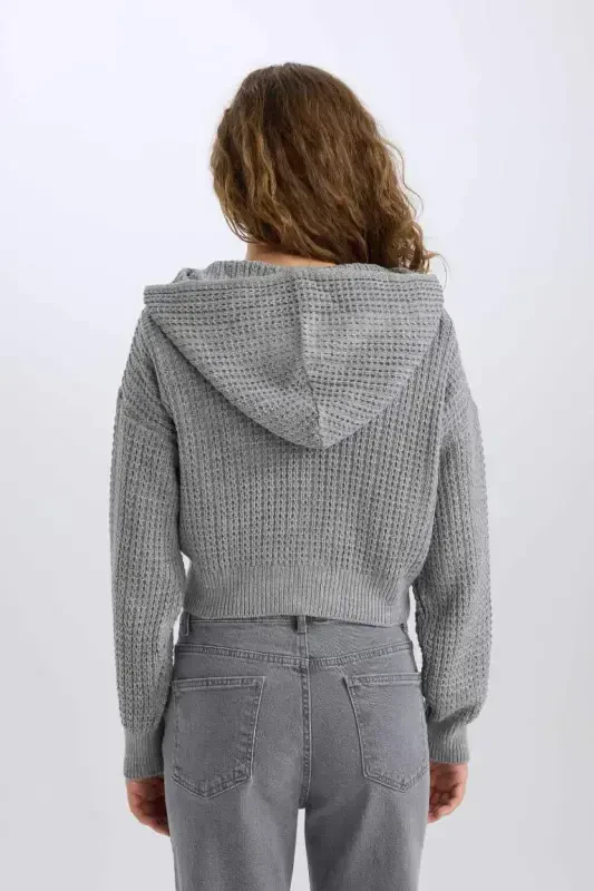 Regular Fit Kapüşonлу Трикотажная Кофта на Молнии с Капюшоном - Серая - 6