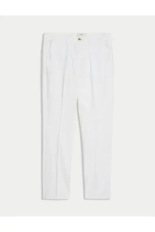 Regular Fit Keten Chino Pantolon-Beyaz - 3