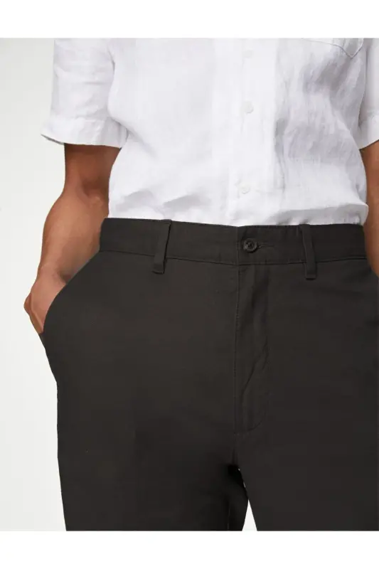 Regular Fit Keten Chino Pantolon-Gri - 3