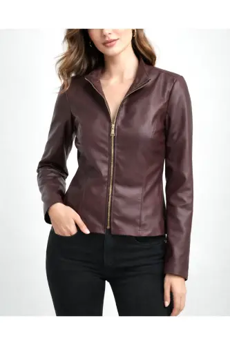 REGULAR FİT KISA BORDO DERİ CEKET-Bordo989 - 5