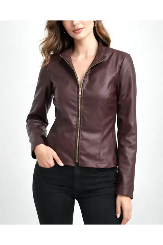 REGULAR FİT KISA BORDO DERİ CEKET-Bordo989 - 5