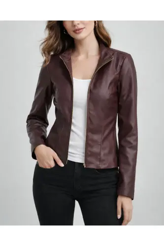 REGULAR FİT KISA BORDO DERİ CEKET-Bordo989 - 6