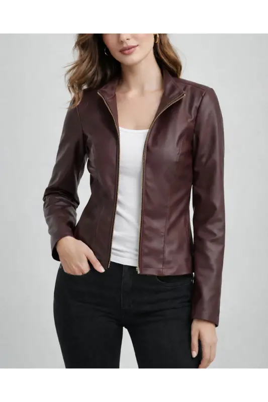 REGULAR FİT KISA BORDO DERİ CEKET-Bordo989 - 6