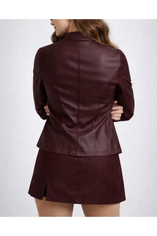 REGULAR FİT KISA BORDO DERİ CEKET-Bordo989 - 7