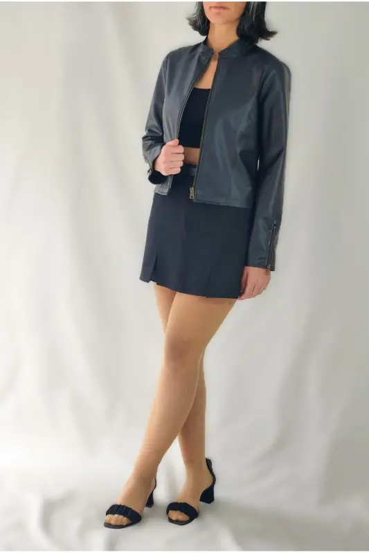 REGULAR FİT KISA DERİ CEKET-Siyah45 - YAXİ