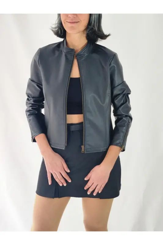 REGULAR FİT KISA DERİ CEKET-Siyah45 - 6