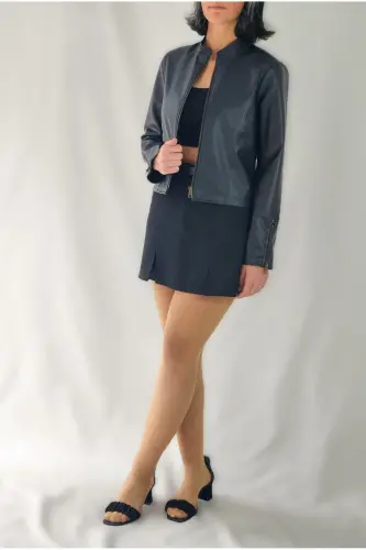 REGULAR FİT KISA DERİ CEKET-Siyah45 