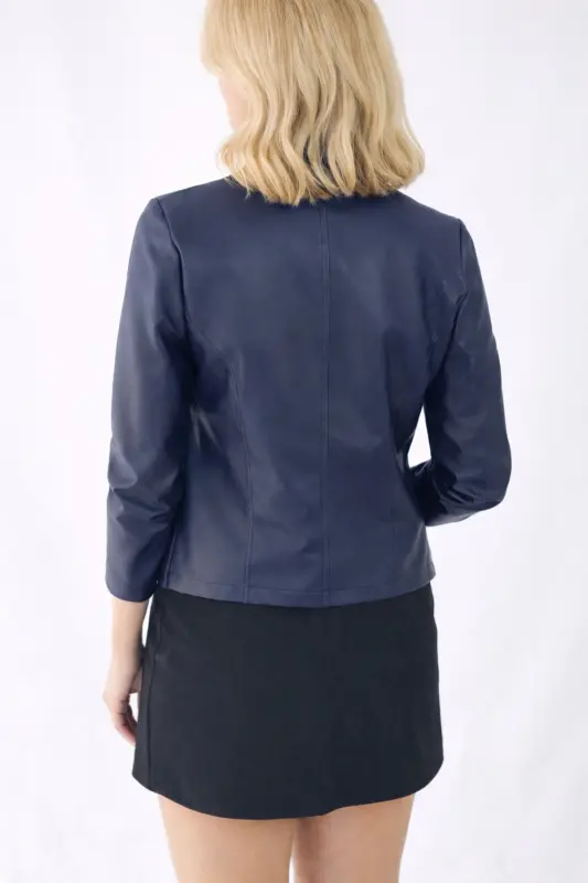 REGULAR FİT KISA GECE MAVİSİ DERİ CEKET-GECE MAVİSİ - 4