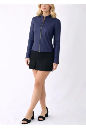 REGULAR FİT KISA GECE MAVİSİ DERİ CEKET-GECE MAVİSİ - 5