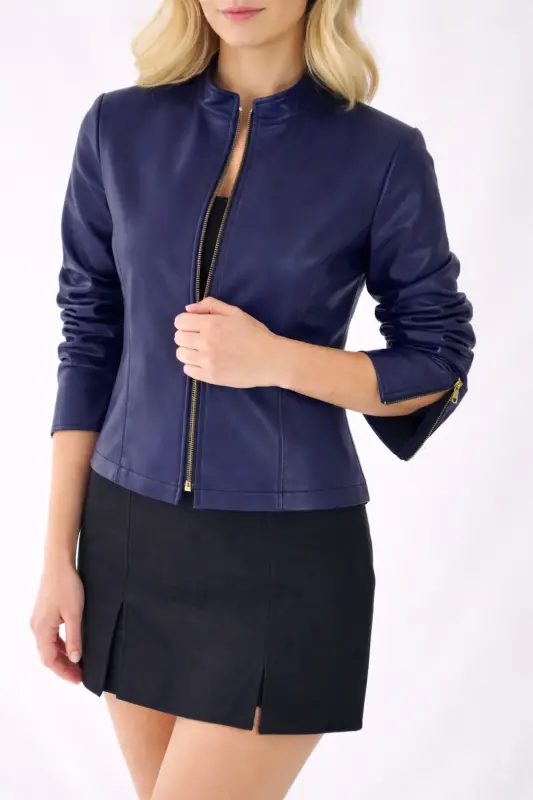 REGULAR FİT KISA GECE MAVİSİ DERİ CEKET-GECE MAVİSİ - 2