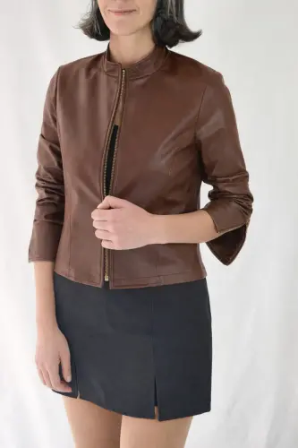 REGULAR FİT KISA KAHVE DERİ CEKET-Kahverengi21 - 3