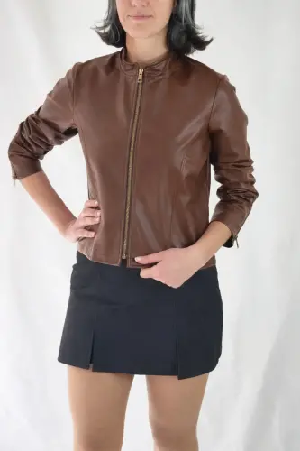 REGULAR FİT KISA KAHVE DERİ CEKET-Kahverengi21 - 5