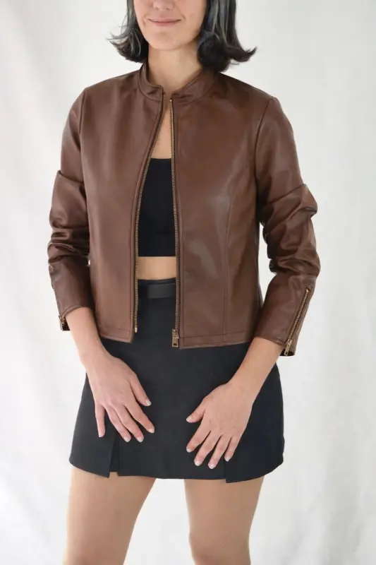 REGULAR FİT KISA KAHVE DERİ CEKET-Kahverengi21 - 2