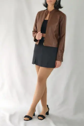 REGULAR FİT KISA KAHVE DERİ CEKET-Kahverengi21 