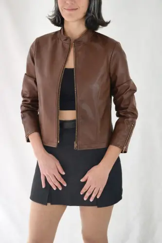 REGULAR FİT KISA KAHVE DERİ CEKET-Kahverengi21 - YAXİ (1)