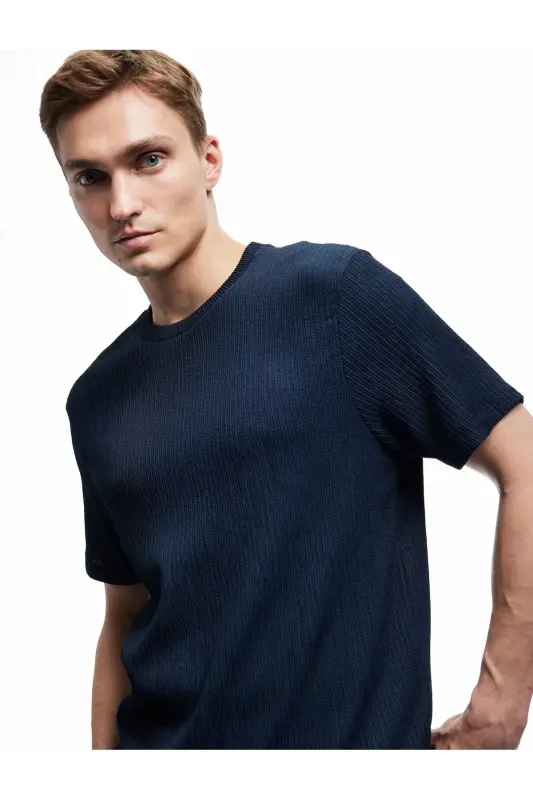 Regular Fit Kısa Kollu Bisiklet Yaka Basic Tişört-Lacivert - 2