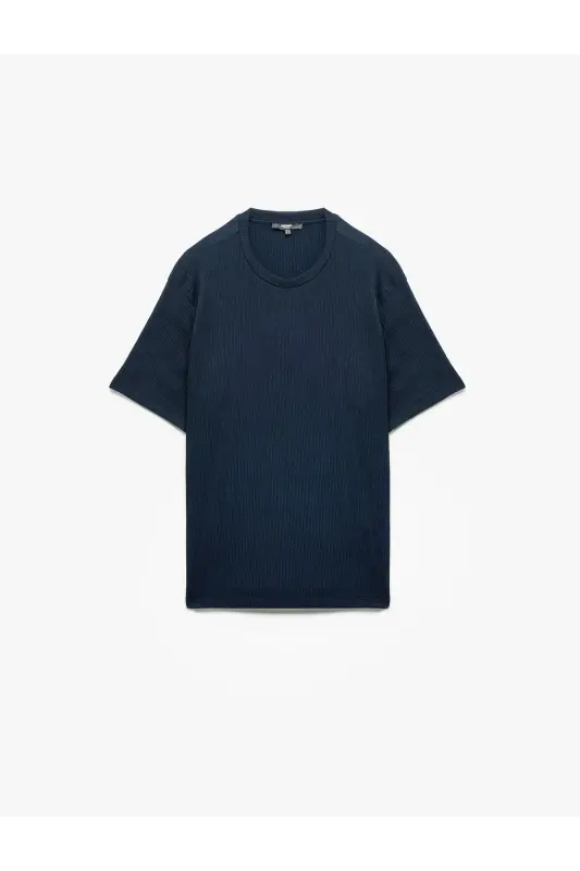 Regular Fit Kısa Kollu Bisiklet Yaka Basic Tişört-Lacivert - 3