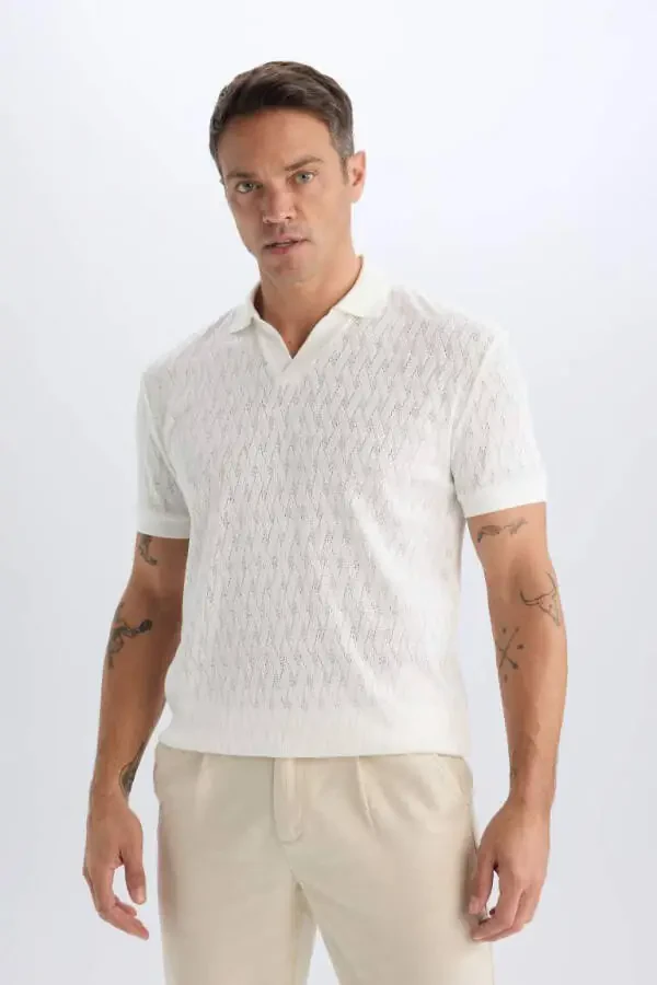 Regular Fit Polo Yaka Kısa Kollu Örgü Görünümlü Tişört-Kırık Beyaz - 3