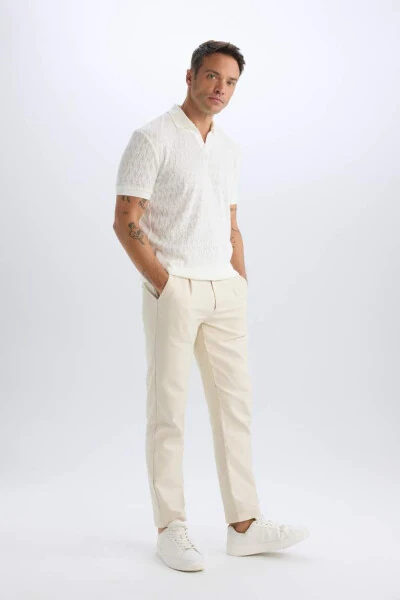 Regular Fit Polo Yaka Kısa Kollu Örgü Görünümlü Tişört-Kırık Beyaz - Modazone (1)