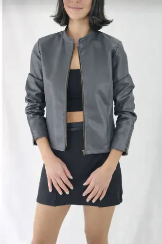 REGULAR FİT KISA KOYU GRİ DERİ CEKET-Gri 