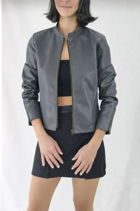REGULAR FİT KISA KOYU GRİ DERİ CEKET-Gri - 1