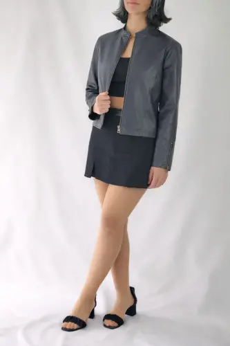 REGULAR FİT KISA KOYU GRİ DERİ CEKET-Gri - YAXİ (1)