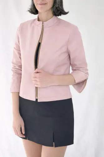 REGULAR FİT KISA TOZ PEMBE DERİ CEKET-TozPembe - 3