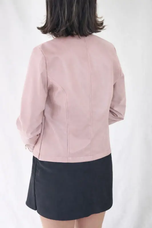 REGULAR FİT KISA TOZ PEMBE DERİ CEKET-TozPembe - 5