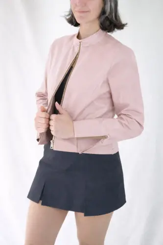 REGULAR FİT KISA TOZ PEMBE DERİ CEKET-TozPembe - YAXİ (1)