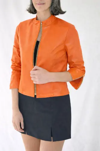 REGULAR FİT KISA TURUNCU DERİ CEKET-Turuncu - 4