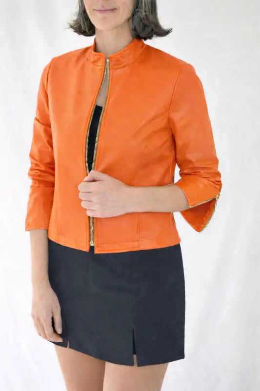 REGULAR FİT KISA TURUNCU DERİ CEKET-Turuncu - 4