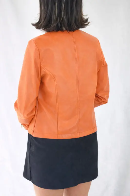 REGULAR FİT KISA TURUNCU DERİ CEKET-Turuncu - 5