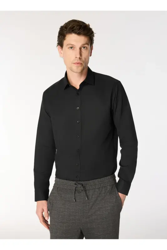Regular Fit Klasik Yaka Siyah Erkek Gömlek ACE202510301_GÖMLEK CEN DY-Siyah - 2
