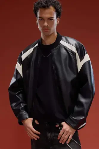 Regular Fit Kollej Yoqali Bomber Fermuarli Kurtka Qora - 3