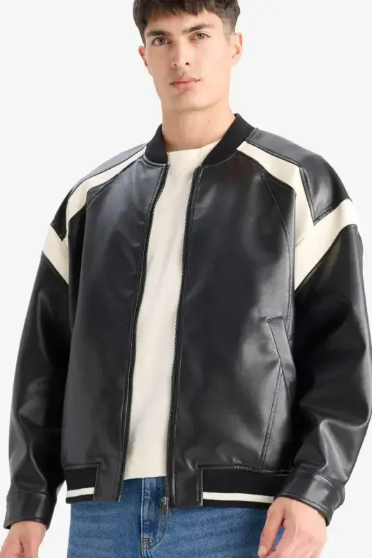 Regular Fit Kollej Yoqali Bomber Fermuarli Kurtka Qora - 4