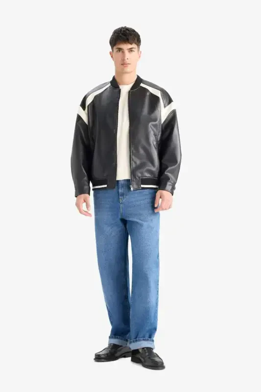 Regular Fit Kollej Yoqali Bomber Fermuarli Kurtka Qora - 5