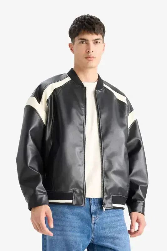 Regular Fit Kollej Yoqali Bomber Fermuarli Kurtka Qora - 6