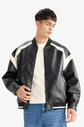 Regular Fit Kollej Yoqali Bomber Fermuarli Kurtka Qora - 7