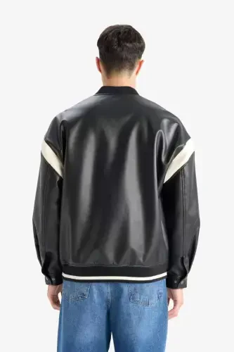 Regular Fit Kollej Yoqali Bomber Fermuarli Kurtka Qora - 10